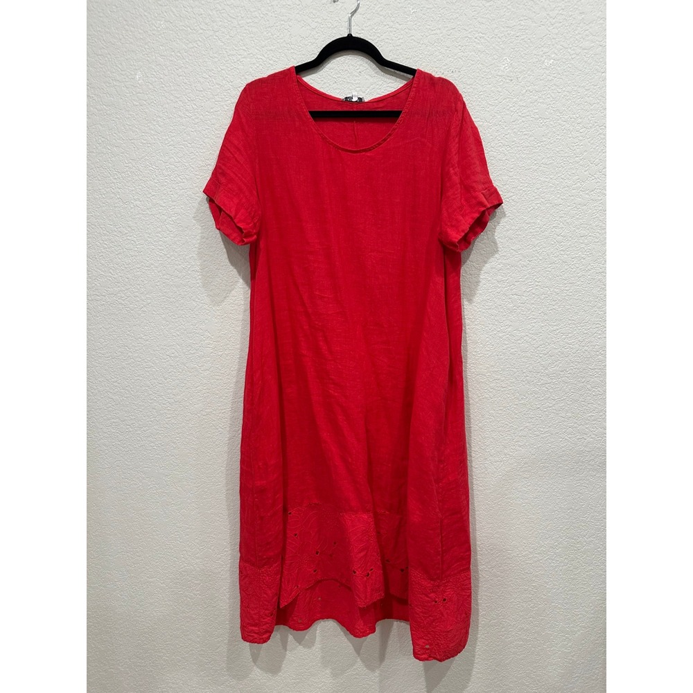 Rosemarine Red Linen Midi Dress Made in Italy Eyelet Embroidered Hem Large